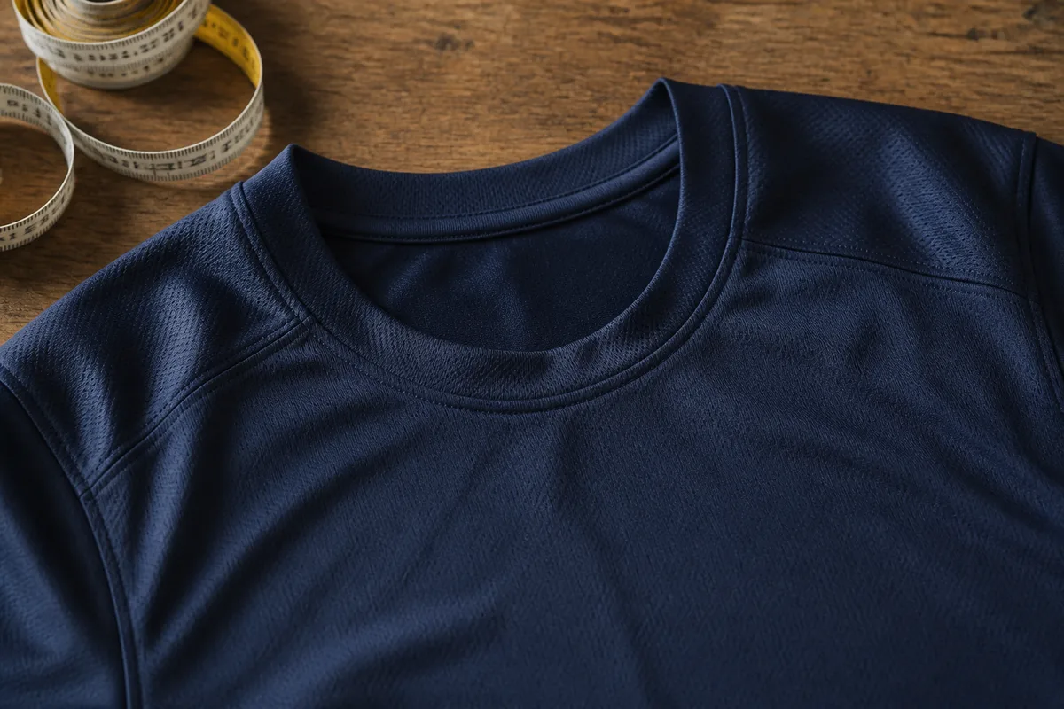 Maillot de football posé à plat sur une table en bois, détails du col et de l&rsquo;écusson visibles