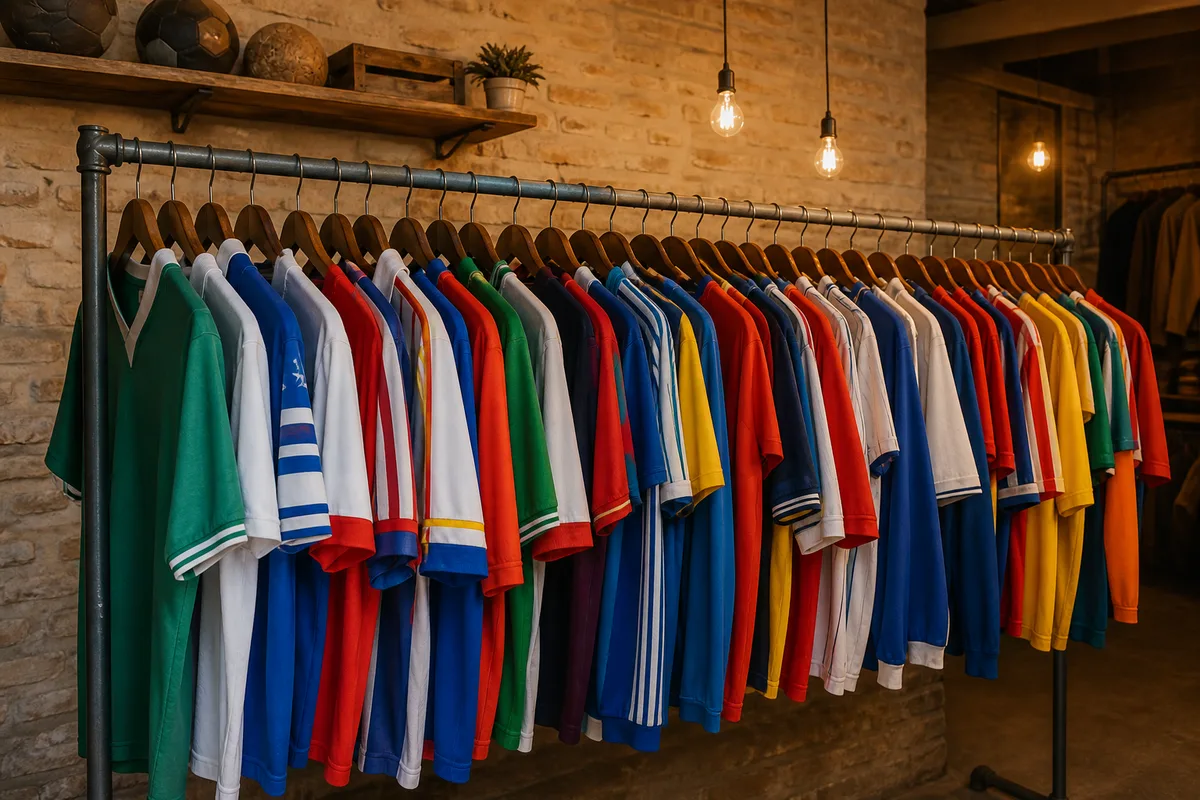 Maillots de football anciens suspendus à des cintres dans une boutique de seconde main