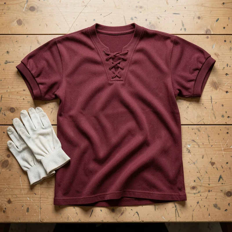 Maillot de football grenat ancien posé à plat sur un établi en bois clair