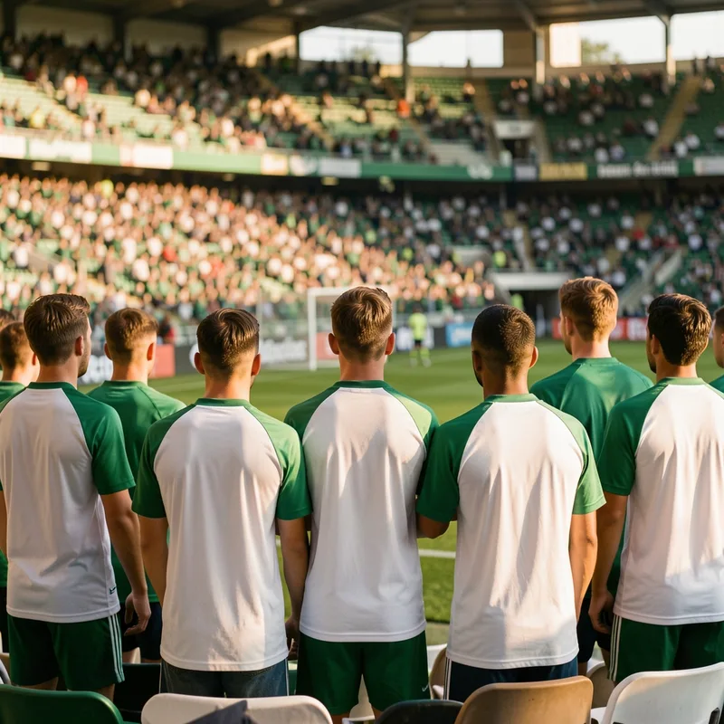 Supporters de dos dans les tribunes d’un stade, maillots blancs et verts mêlés