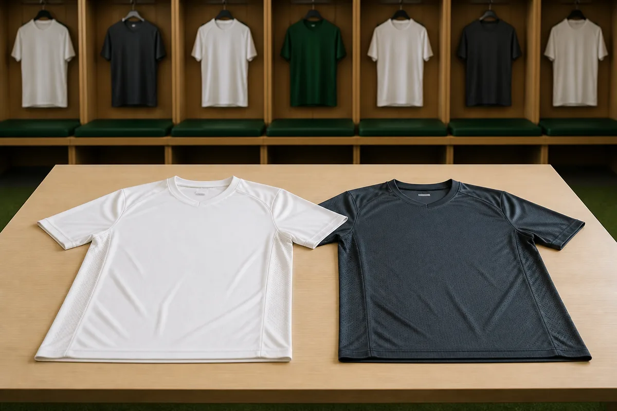 Comparaison de deux maillots de football posés côte à côte sur une table claire