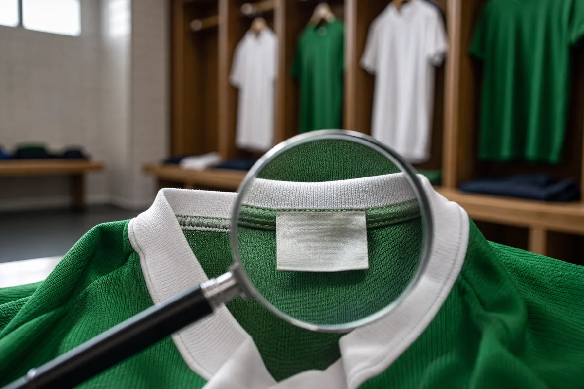 Loupe posée sur l&rsquo;étiquette intérieure d&rsquo;un maillot de football pour examen détaillé