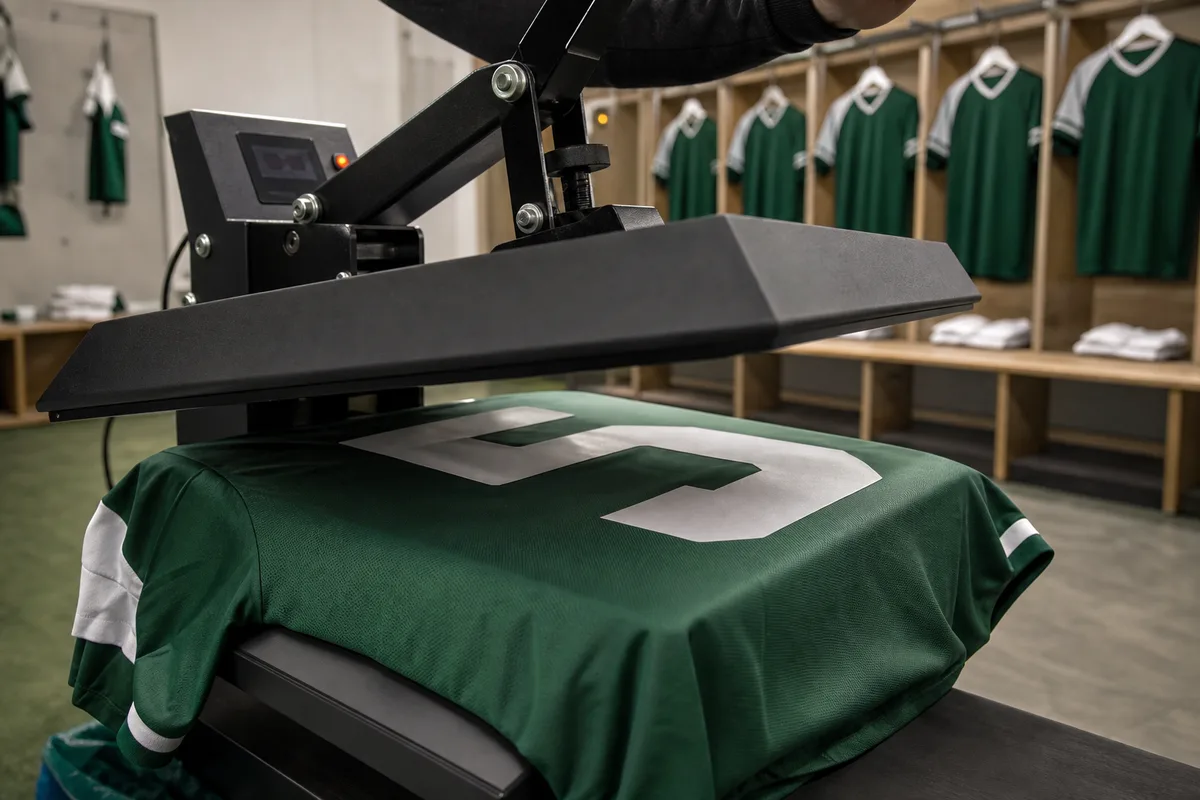 Presse à chaud appliquant un numéro sur le dos d&rsquo;un maillot de football dans un atelier