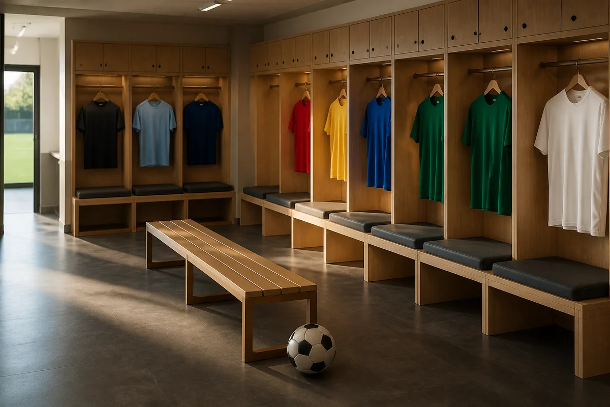 Maillots de football suspendus à une tringle de vestiaire, vus de face