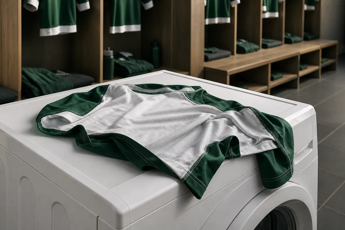 Maillot de football retourné sur l&rsquo;envers avant lavage posé sur une machine