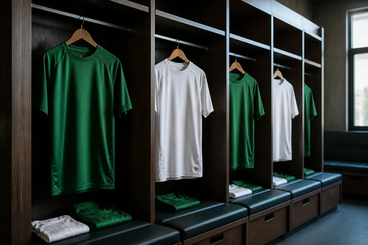 Maillots de football rangés sur cintres dans une penderie sombre et aérée