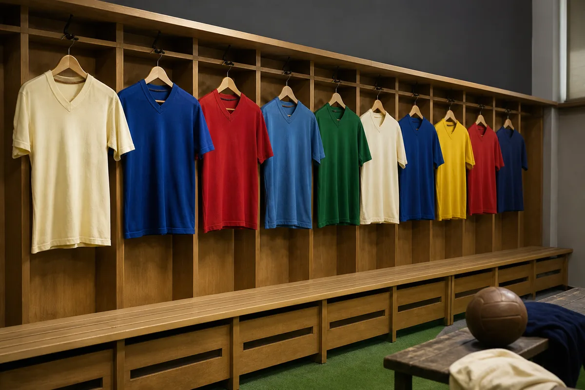 Vitrine de maillots de football anciens présentés sur cintres dans une salle d’exposition