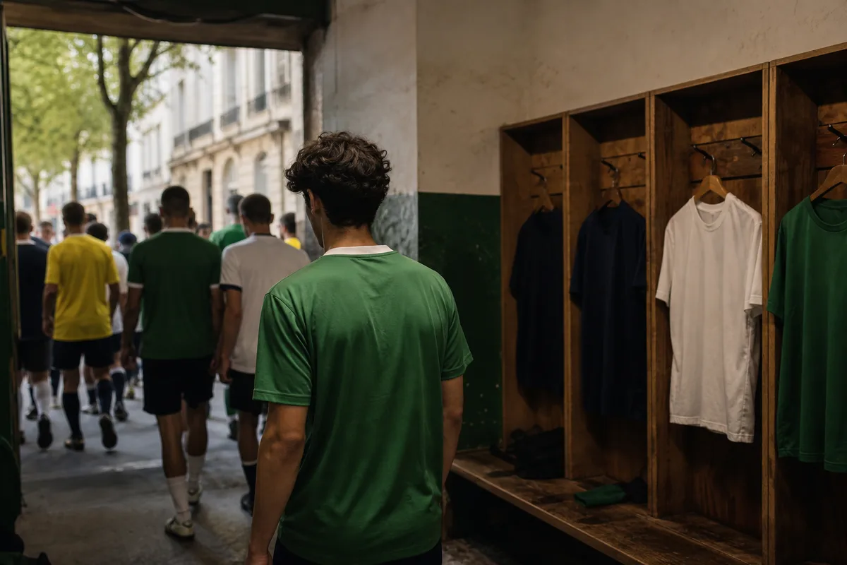 Supporters en maillots de football colorés marchant dans une rue avant une rencontre