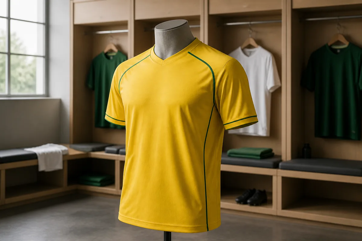 Maillot de football jaune à liserés verts présenté sur un mannequin dans une salle claire