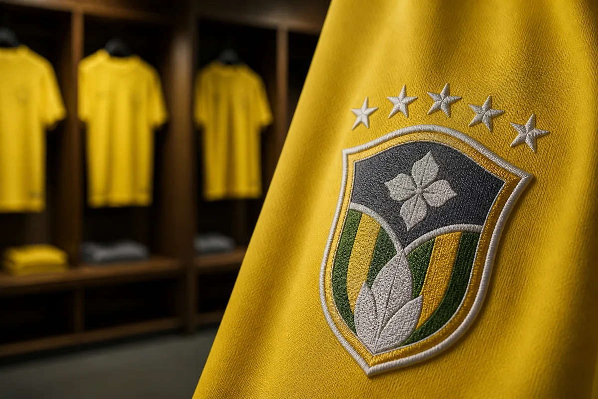 Détail d’un écusson brodé surmonté d’étoiles sur une tunique de football jaune