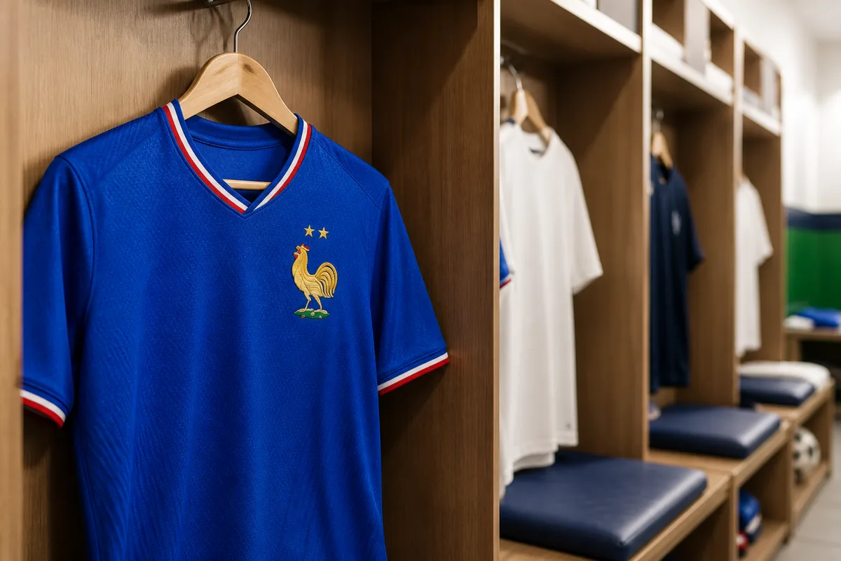 Maillot bleu de football avec écusson au coq présenté sur un fond neutre