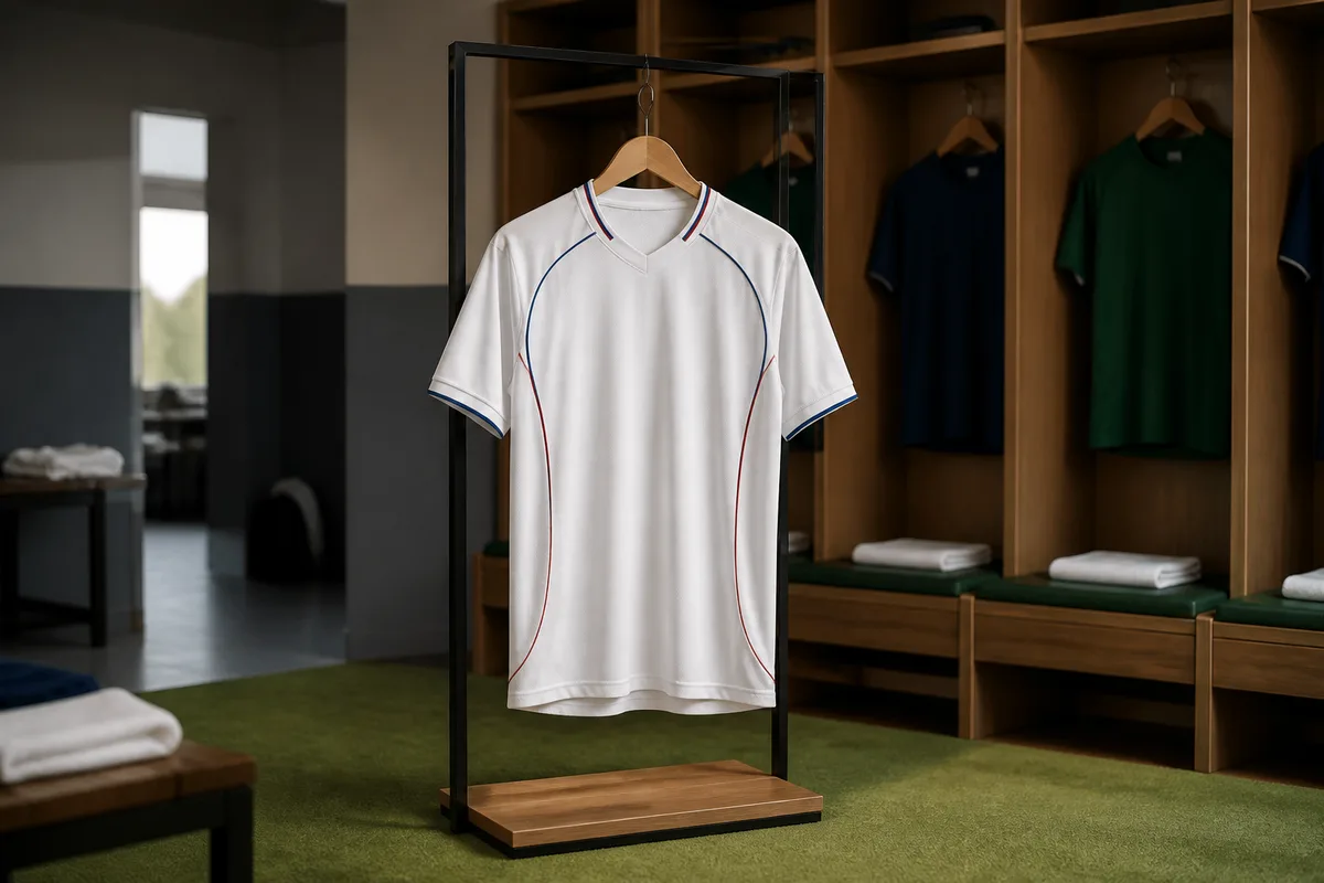 Maillot extérieur blanc de football avec liserés bleus et rouges sur un présentoir