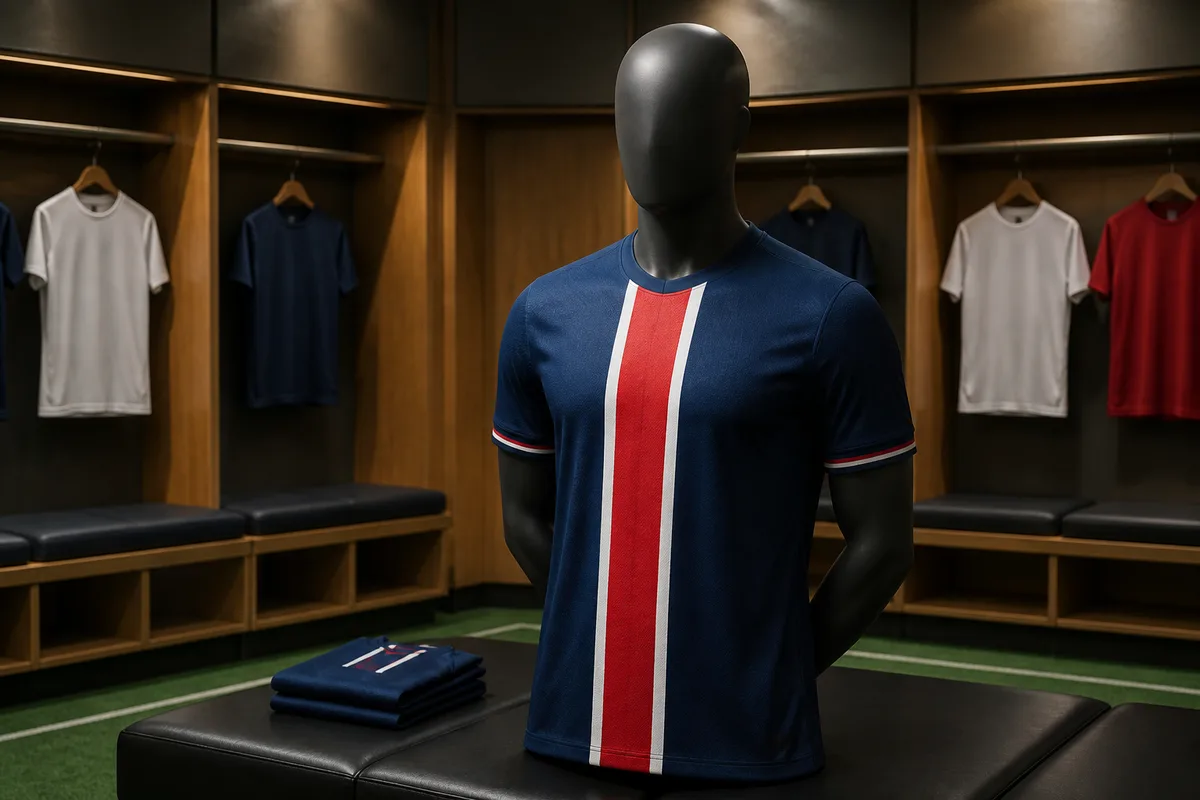 Maillot bleu marine à bande verticale rouge et blanche présenté sur un mannequin de vitrine