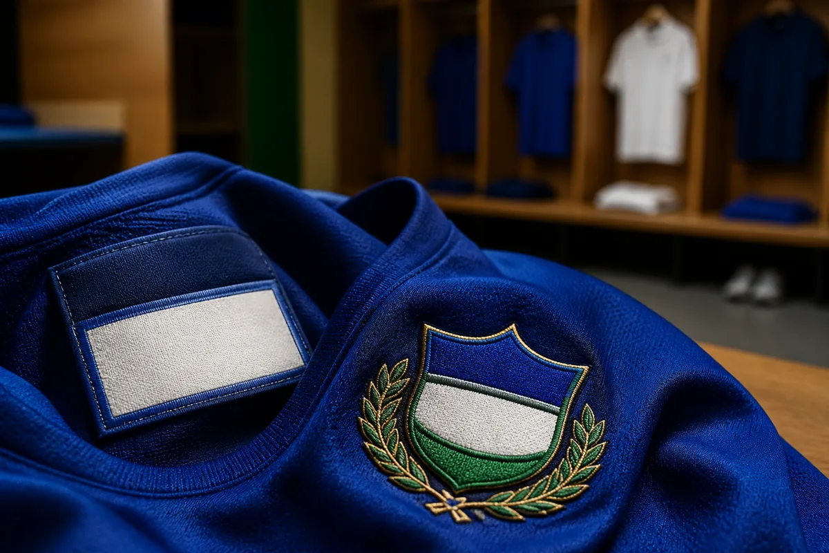 Détail d&rsquo;un écusson brodé et d&rsquo;une étiquette intérieure sur une tunique de football bleue