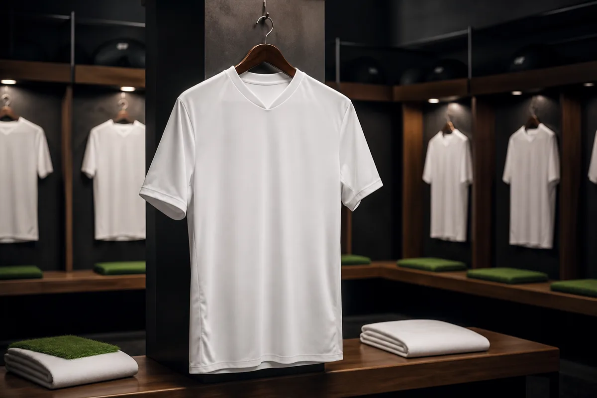 Maillot de football blanc uni présenté sur un cintre devant un fond sombre