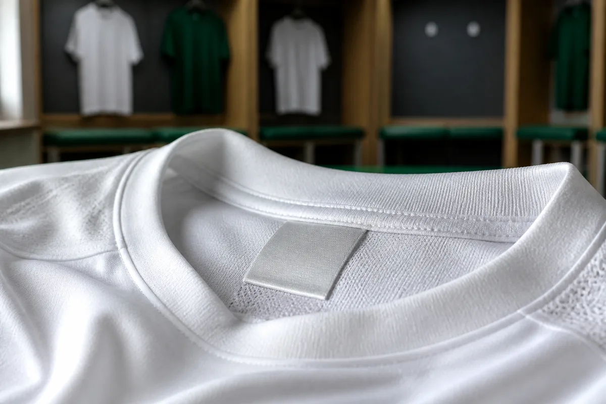 Détail des coutures et de l&rsquo;étiquette intérieure d&rsquo;un maillot de football blanc